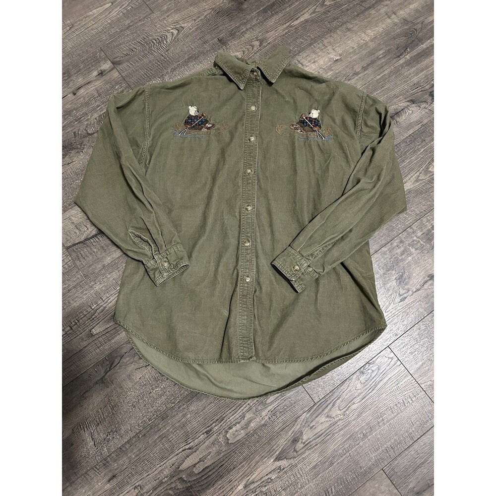 Vintage 90s Let’s Quizz Again Corduroy Button Shirt Bears Embroidered Womens M